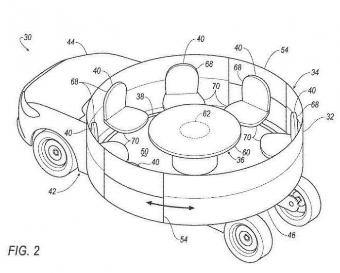 Форд патентует странную самоуправляемую машину - с комнатой для совещаний на восемь человек и панорамной купольной крышей